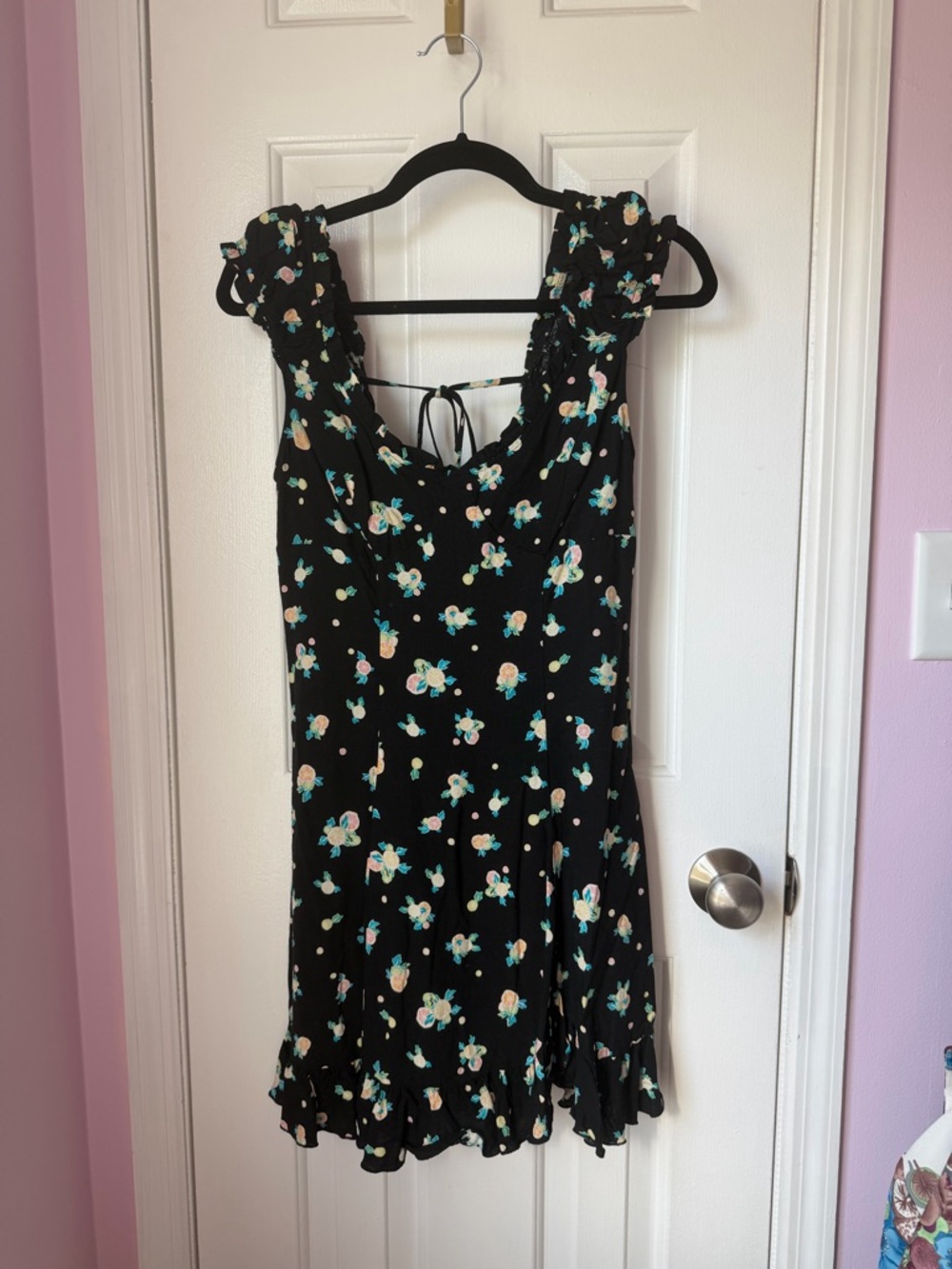 Free People Black Floral Mini Dress with Aqua and Peach Blooms